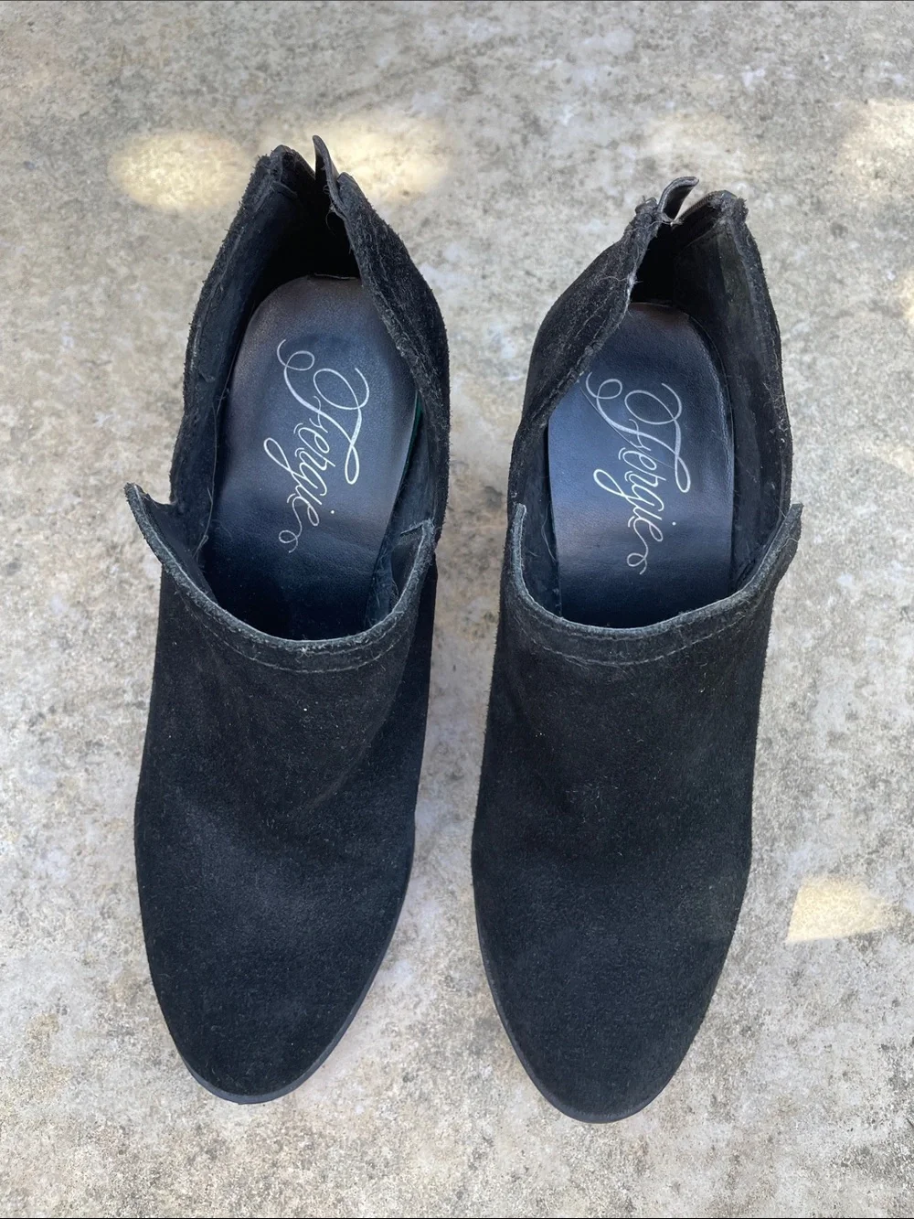 Fergie Black Suede Chunky Heel Ankle Booties